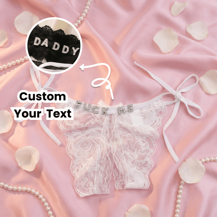 Personalized Crystal Letter Lace Thong – Custom Name Open-Crotch Lingerie - Image 1