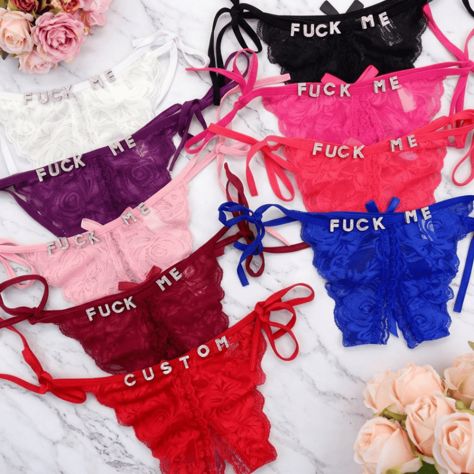 Personalized Crystal Letter Lace Thong – Custom Name Open-Crotch Lingerie - Image 3