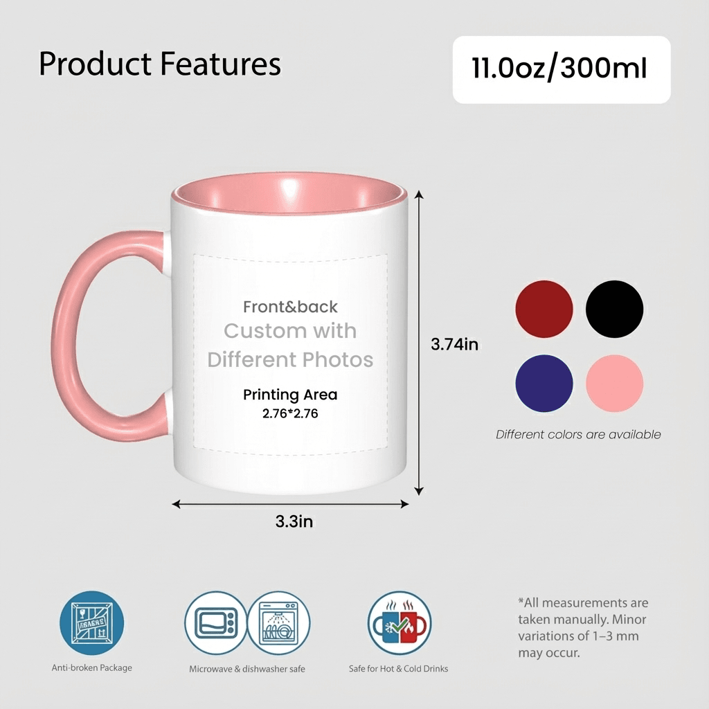 11oz Custom Photo Mug PINK with Text  – Personalized Coffee Cup, DIY Picture Logo Image, Customizable Ceramic Mug for Gifts, Add Your Own Photo & Words - Image 2