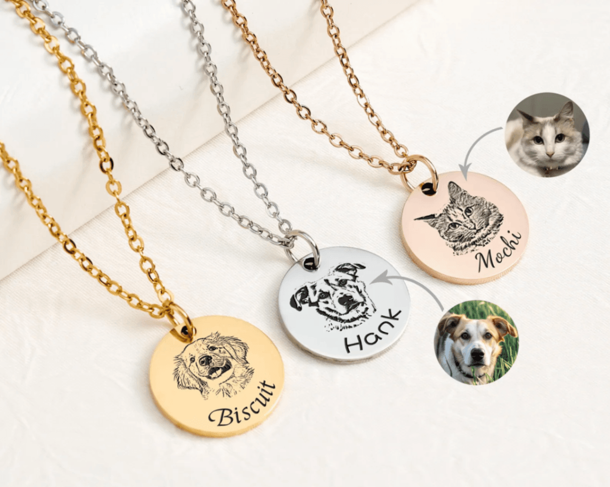 Personalized Pet Portrait Necklace, Custom Laser Engraved Cat Necklace with Photo or Name, Memorial Jewelry Customized Gifts for Dog Mum - Image 1