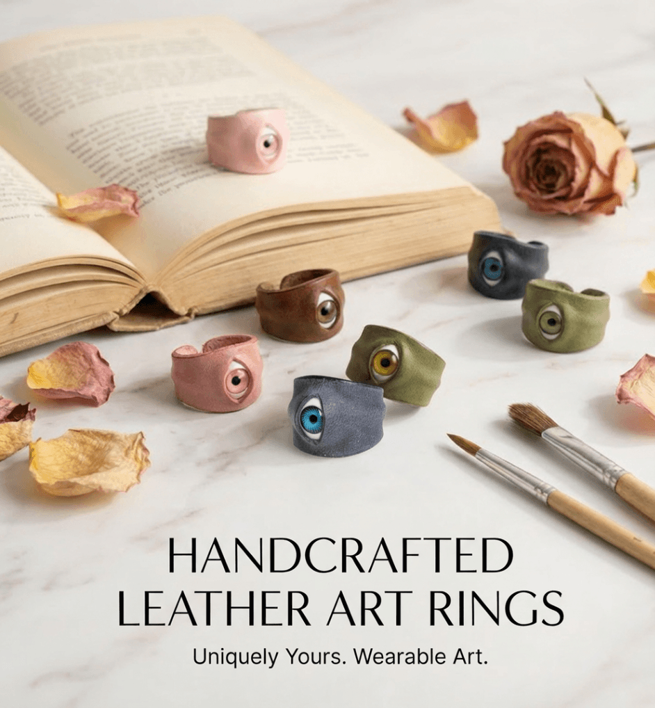 Handmade Eco-Friendly Tanned Leather Eyeball Ring – Purely Handcrafted with Vertical Eye Design, Customizable with Interchangeable Pupil Colors - Image 2