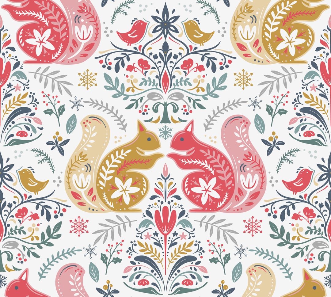 Folk Art Squirrels and Birds Floral Seamless Pattern1