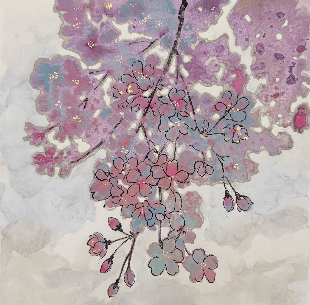 Watercolor cherry blossoms with gold flecks