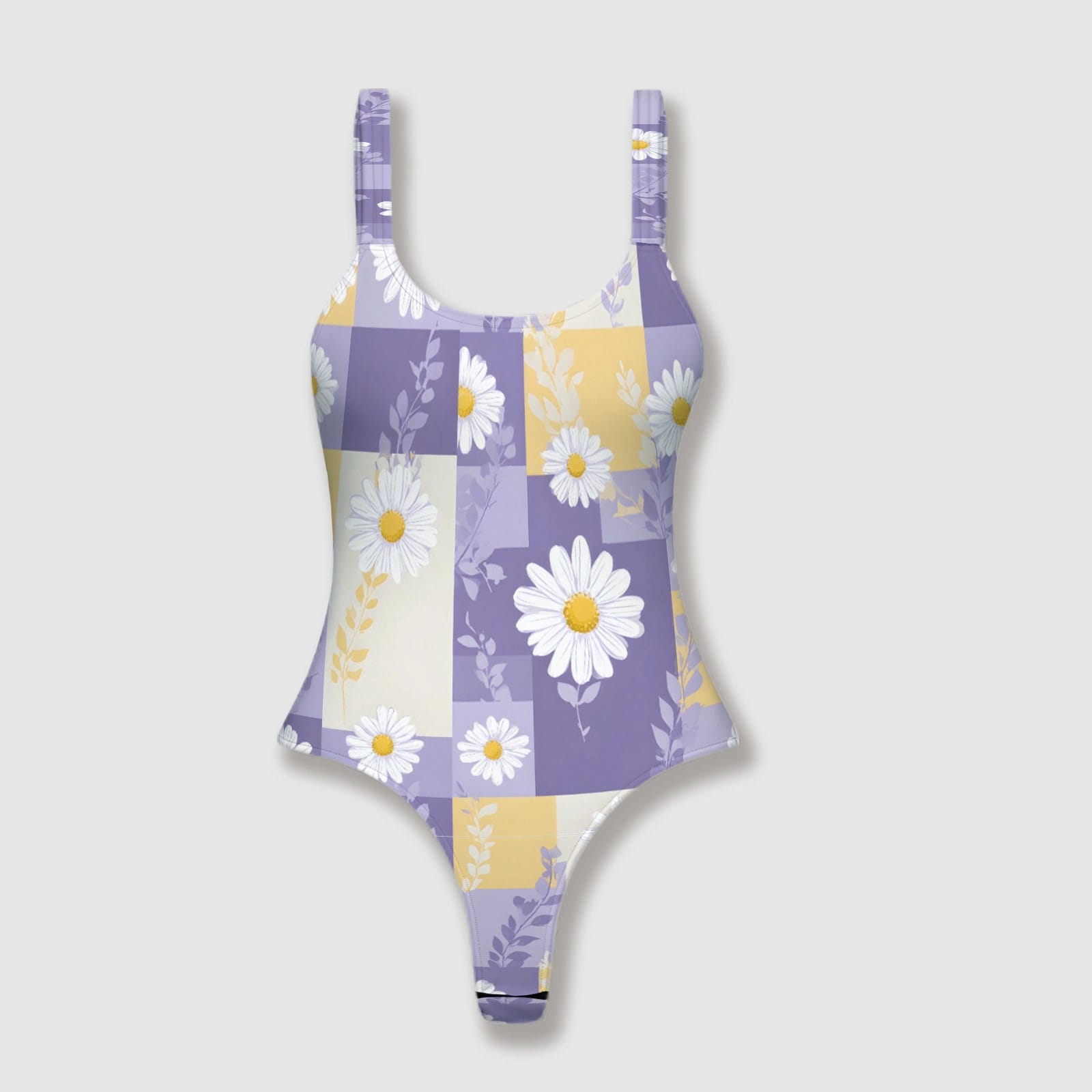 Purple Daisy Floral Thong One-Piece Swimsuit for Women Summer Beach
