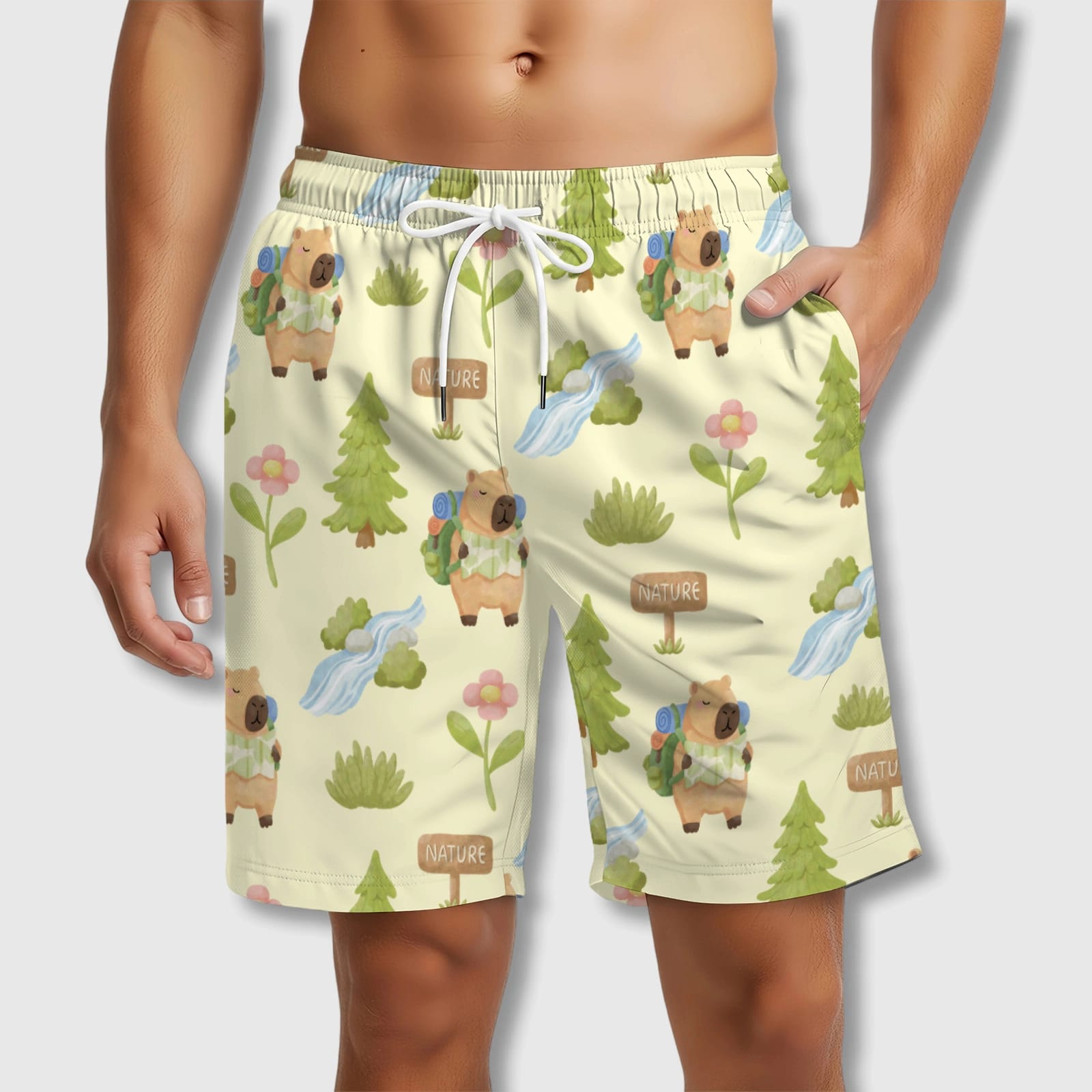 Cute Capybara Hiking Print Beach Shorts for Men Summer Wear