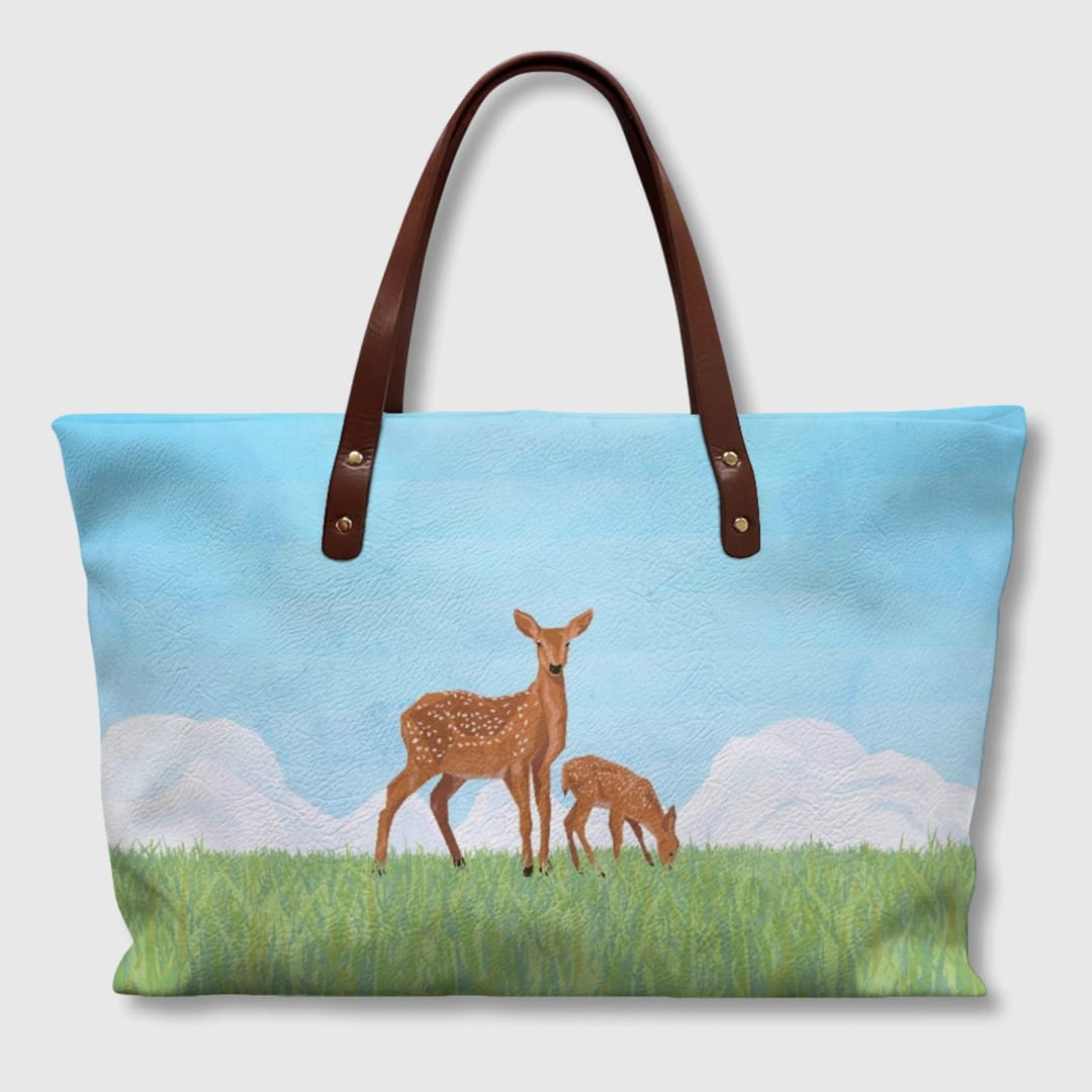 Fawns in the High Grass PU Leather Tote Bag - 1