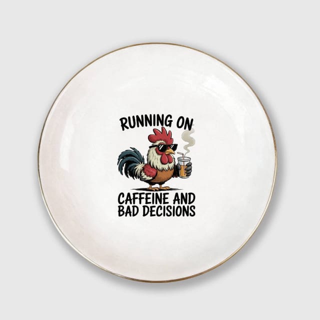 Funny Rooster Caffeine Quote Ceramic Jewelry Tray for Friend Birthday Gift