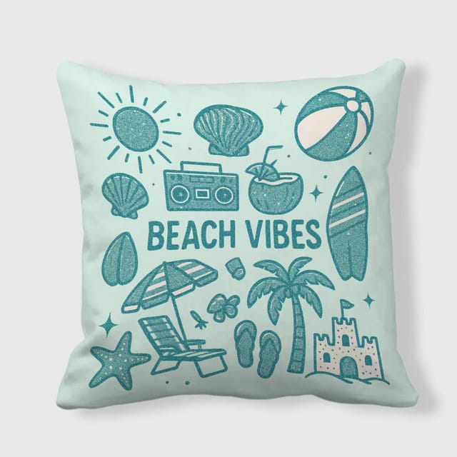 Beach Vibes Doodle Throw Pillow for Beach Fans Summer Decor