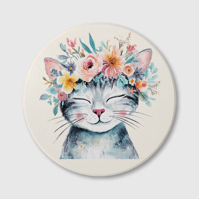 Watercolor Floral Cat Ceramic Coaster for Pet Lovers Gift