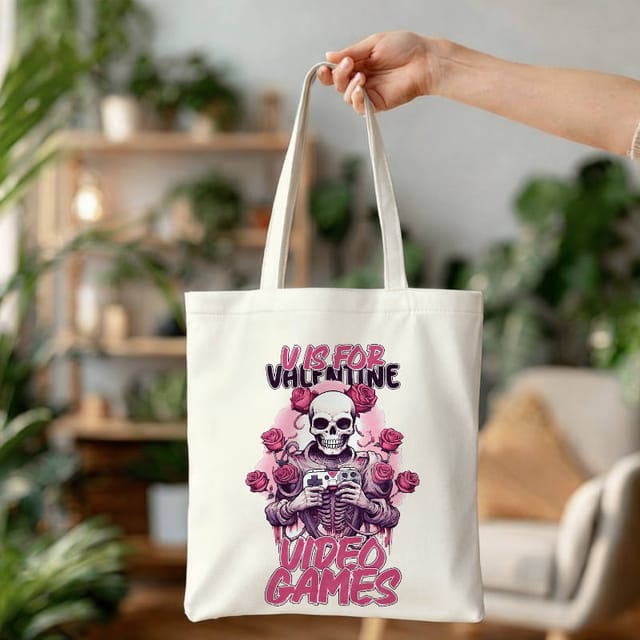 Funny Gamer Skeleton Canvas Tote Bag for Gamers Valentine Gift