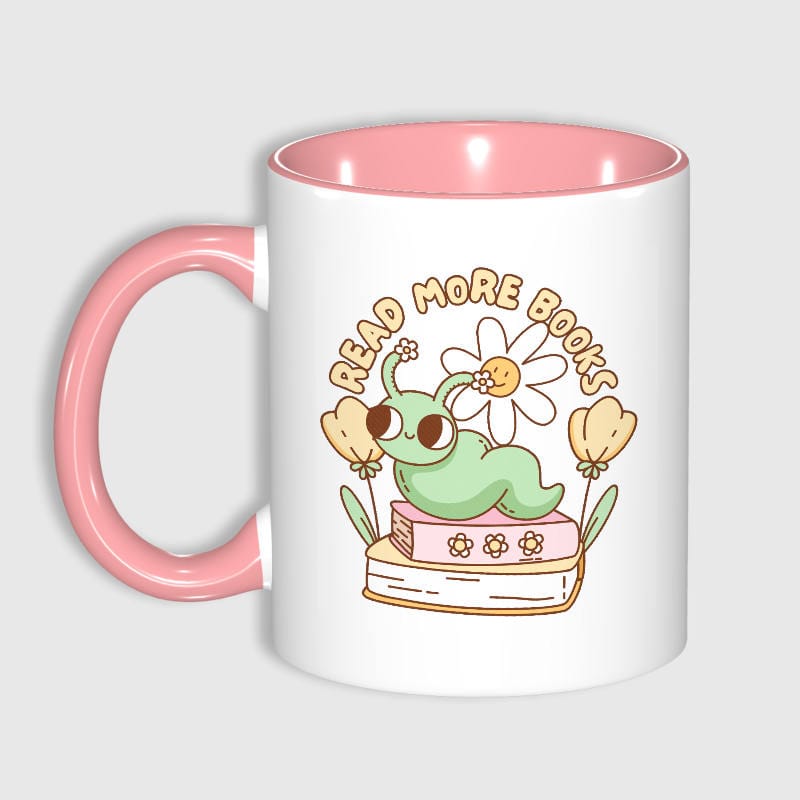 Cute Bookworm 11oz Pink Mug for Book Lovers Teacher Gift