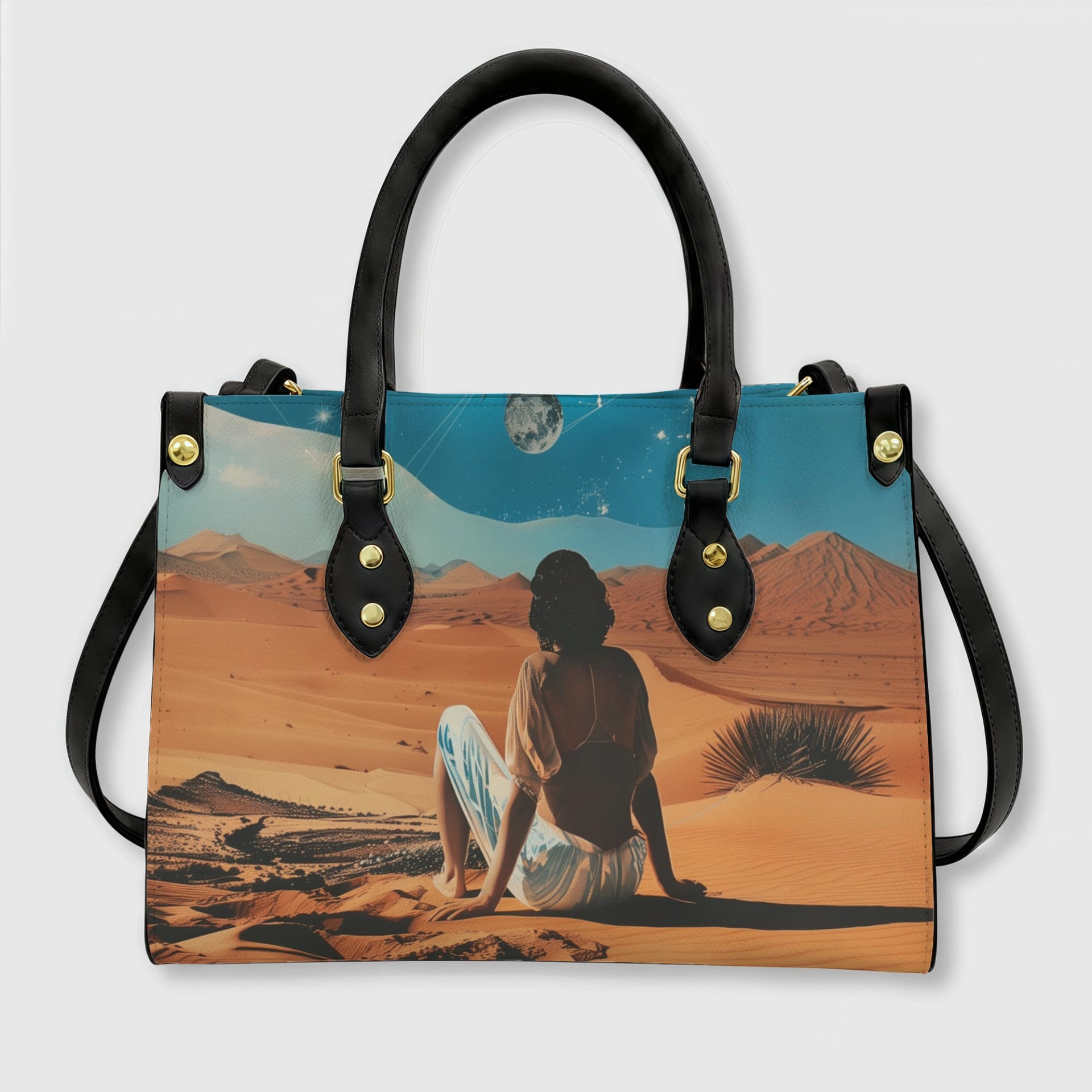 Personalized PU Leather Tote Bag (Black/White Handles)