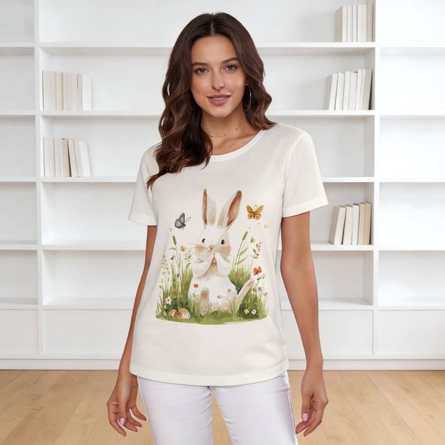 Cute Bunny Watercolor Cream Crew Neck Tee for Women Easter Gift