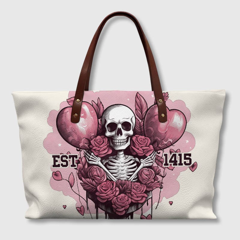 Pink Skull Rose PU Tote Bag for Gothic Lovers Valentine Gift
