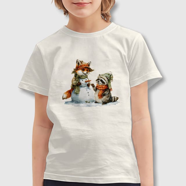Watercolor Fox Raccoon Snowman Kids T-Shirt for Winter Gift