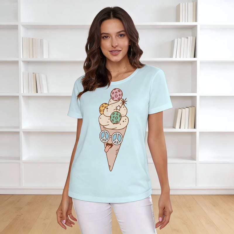 Cute Peace Sign Ice Cream Women's T-Shirt for Summer Casual Use