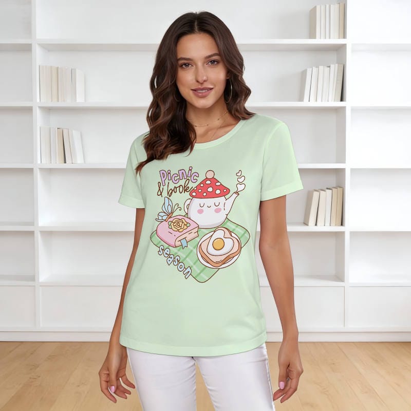 Cute Picnic Book Cartoon Women's T-Shirt for Summer Daily Wear