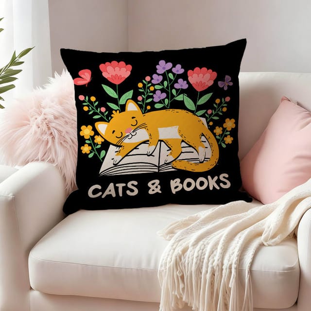 Cats & Books Floral Throw Pillow for Cat Lovers Home Gift