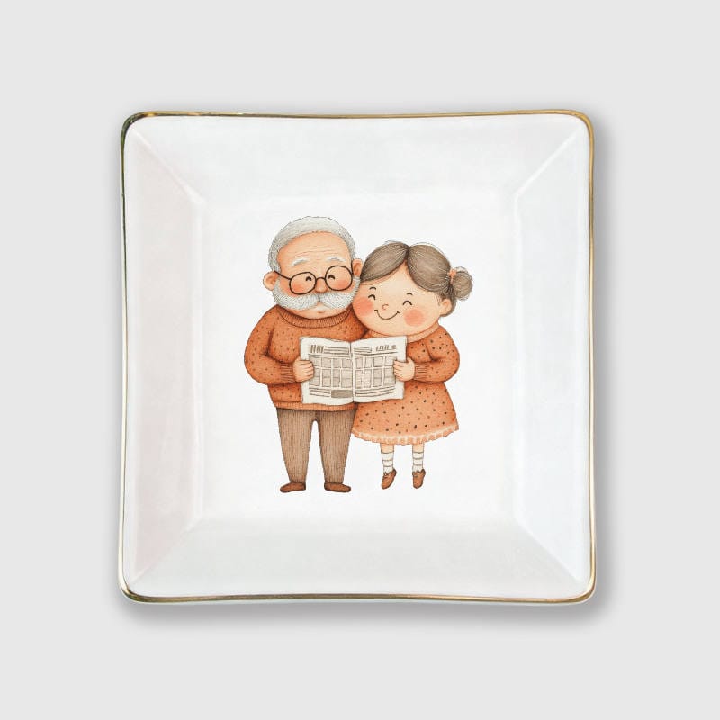 Gold Trim Elderly Couple Ceramic Jewelry Tray for Grandparent Gifts