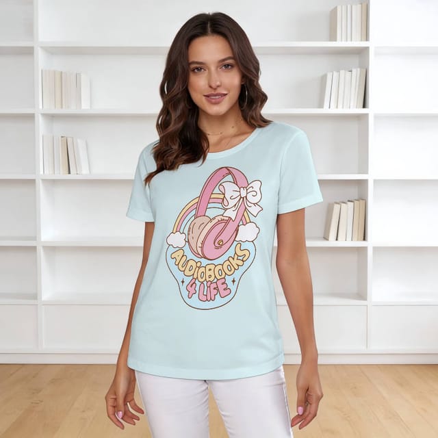 Cute Pastel Audiobook Women's Tee for Book Lovers Daily Wear