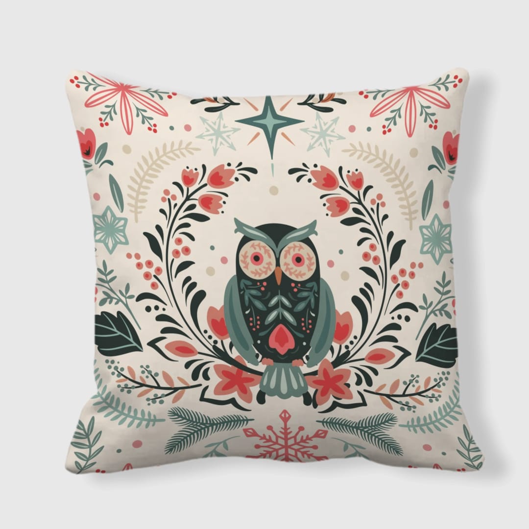 Set of 2 Folk Owl Floral Throw Pillows for Christmas Decor - 1