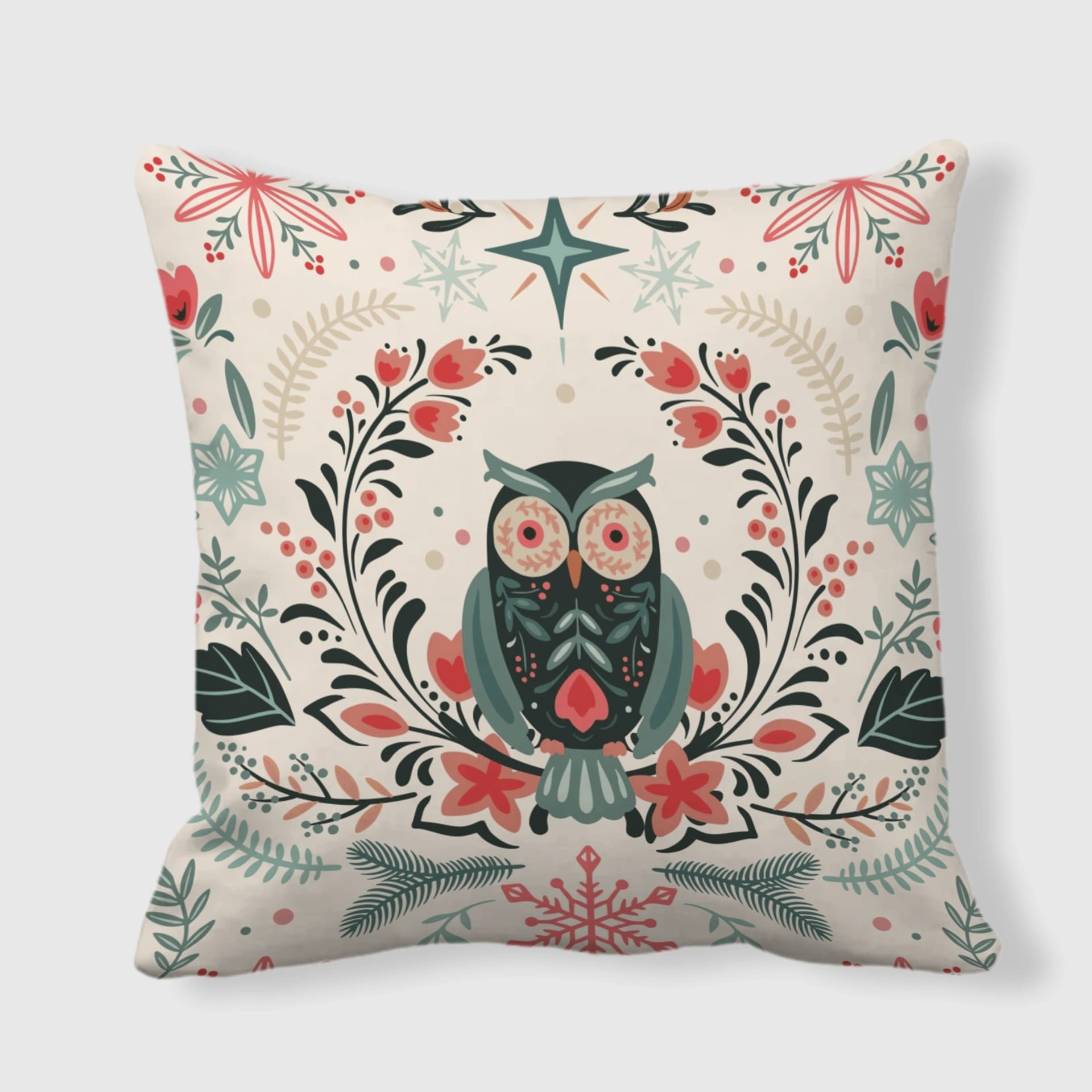 Set of 2 Folk Owl Floral Throw Pillows for Christmas Decor