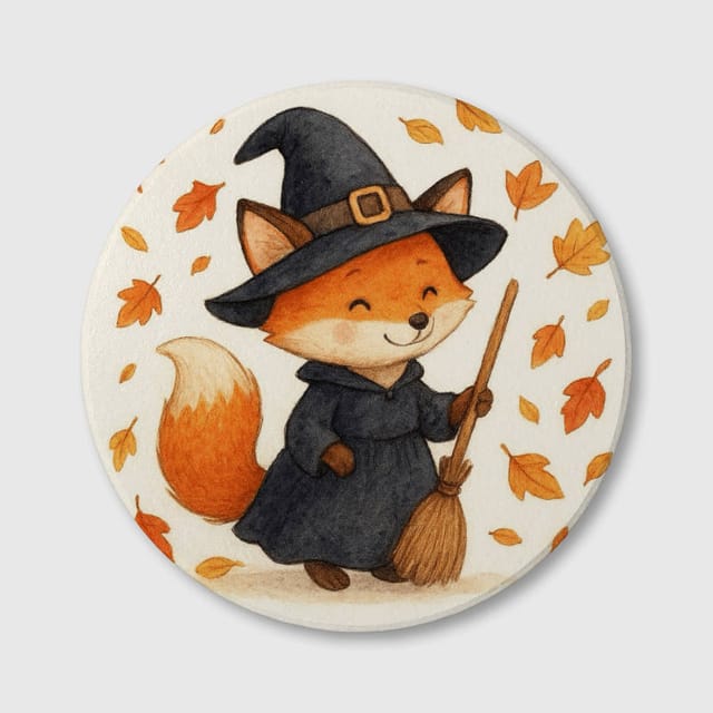 Cute Witch Fox Ceramic Coaster for Fall Fox Lover Gifts