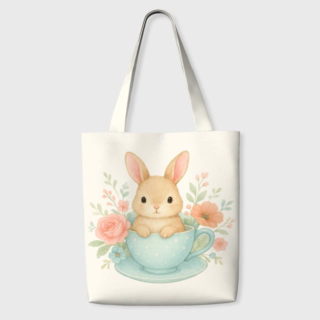 Floral Teacup Bunny Tote Bag for Animal Lovers