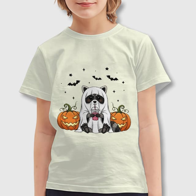 Cute Ghost Raccoon Boba Kids T-Shirt for Halloween & Daily Wear