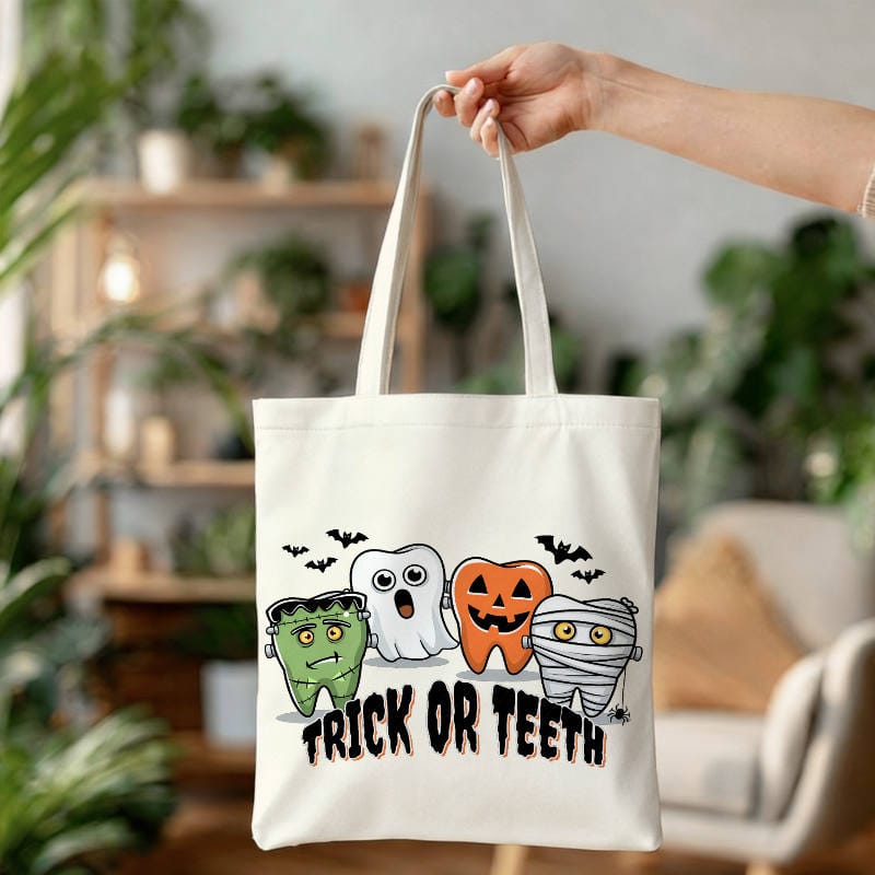 Cute Trick or Teeth Tote Bag for Dentist Halloween Gift