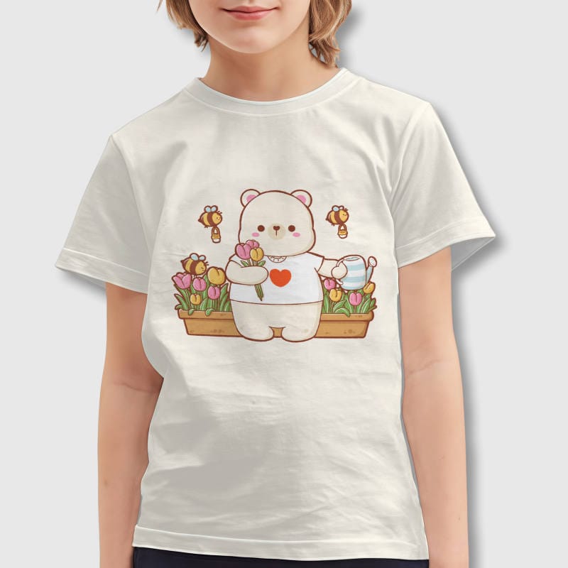 Cute Gardening Bear Kids T-Shirt for Summer Daily Use