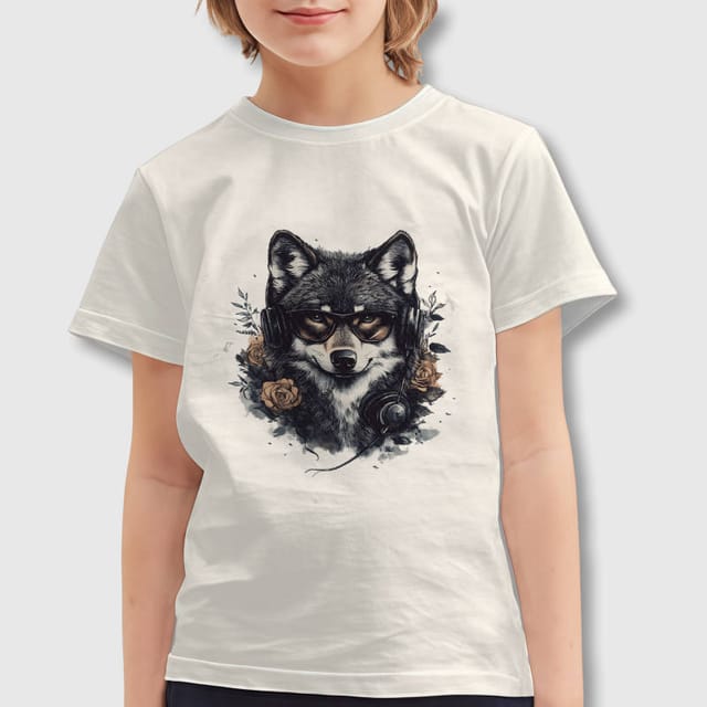 Cool Headphone Wolf Kids Tee for Pet Lovers Daily Wear