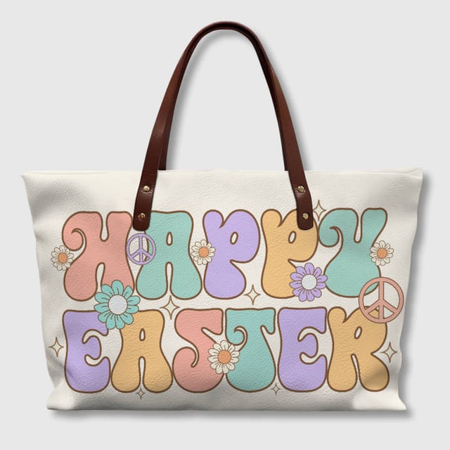 Retro Floral Happy Easter PU Leather Tote Bag for Easter Gift