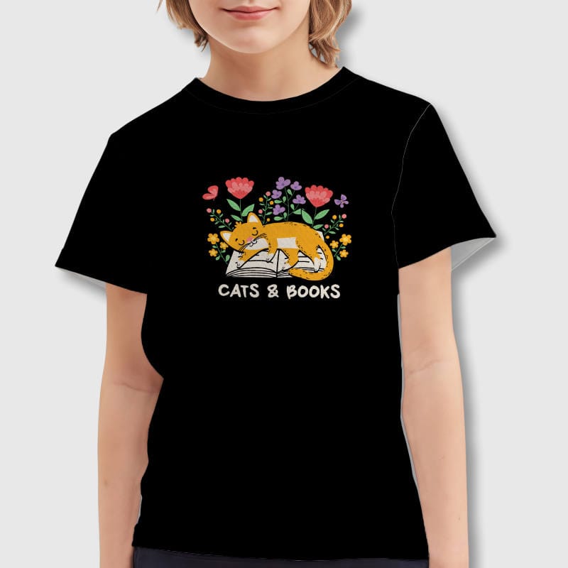 Cats & Books Floral Kids T-Shirt for Pet Lovers Gift