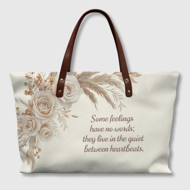 Beige Floral Quote PU Leather Tote Bag for Her Gift
