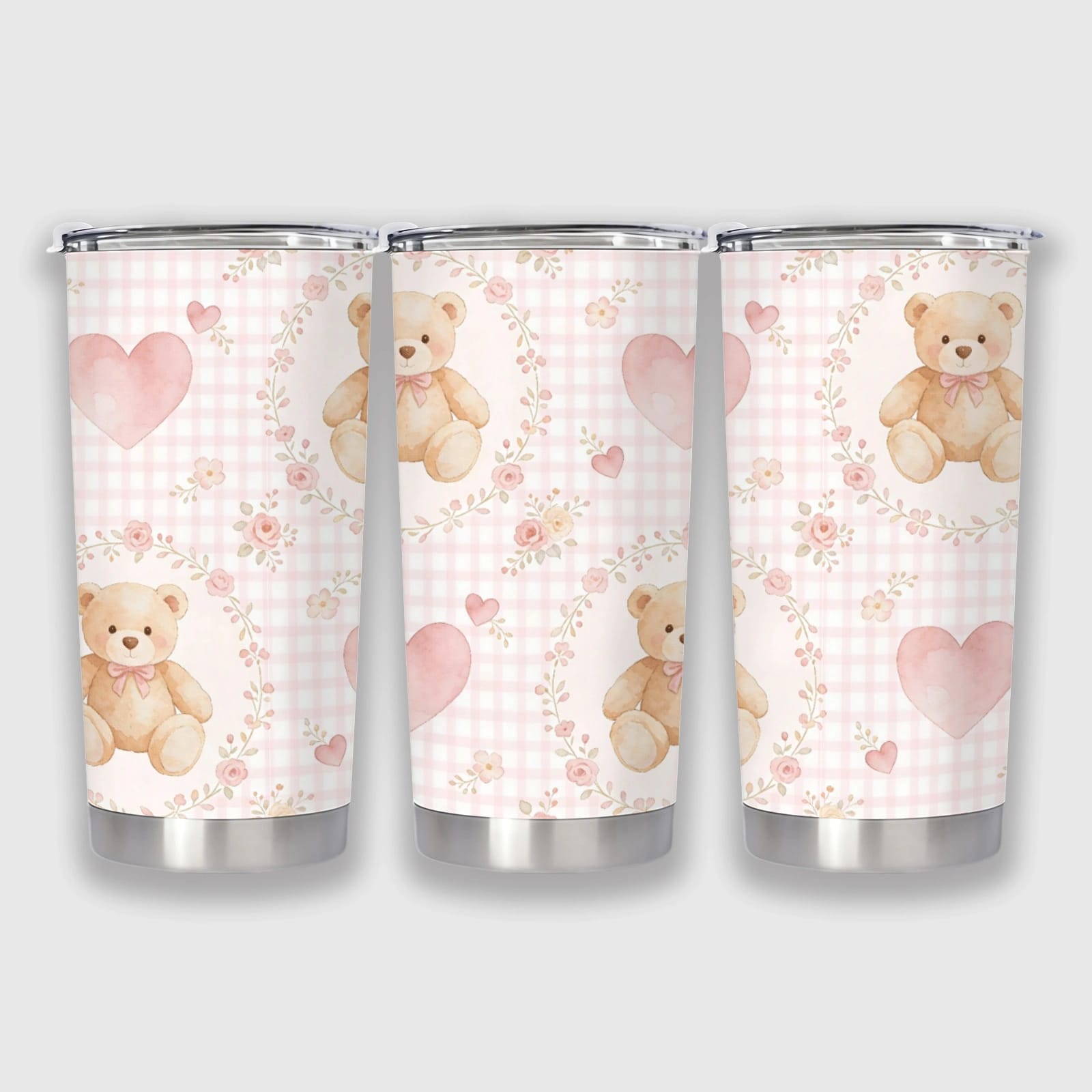 Pink Teddy Bear Floral 20oz Leak Proof Tumbler for Valentine Gifts