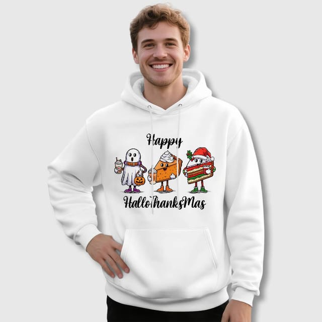 Happy HalloThanksMas Cartoon Hoodie for Holiday Lovers Gift