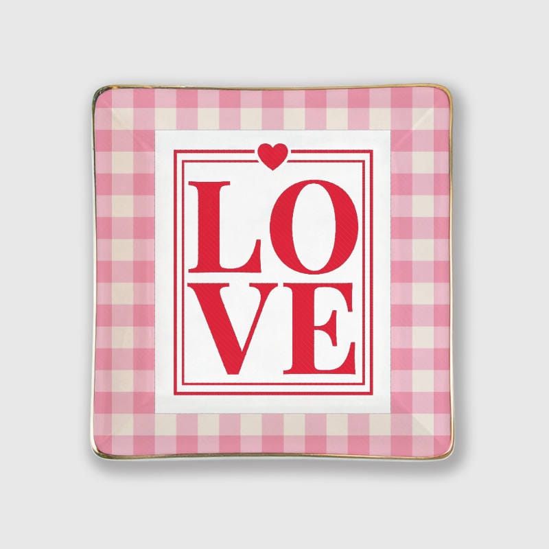Pink Gingham LOVE Square Ceramic Jewelry Tray for Valentine's Gift