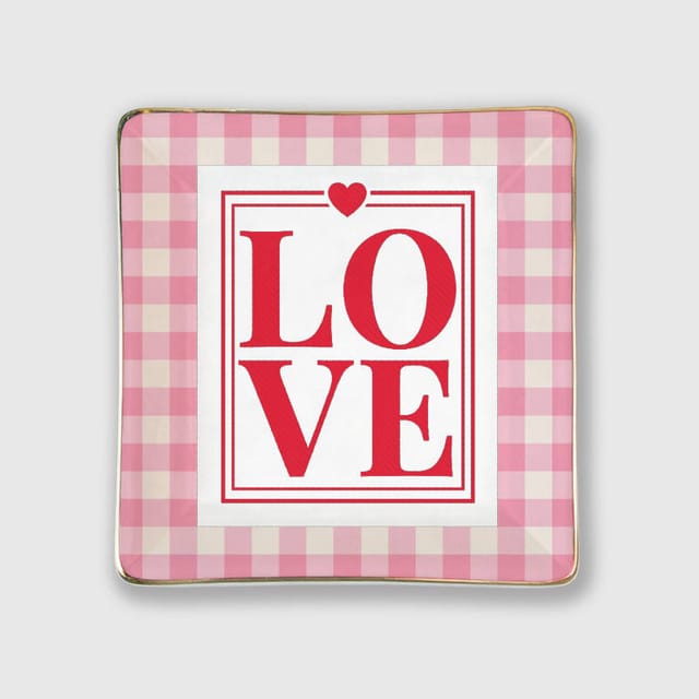 Pink Gingham LOVE Square Ceramic Jewelry Tray for Valentine's Gift