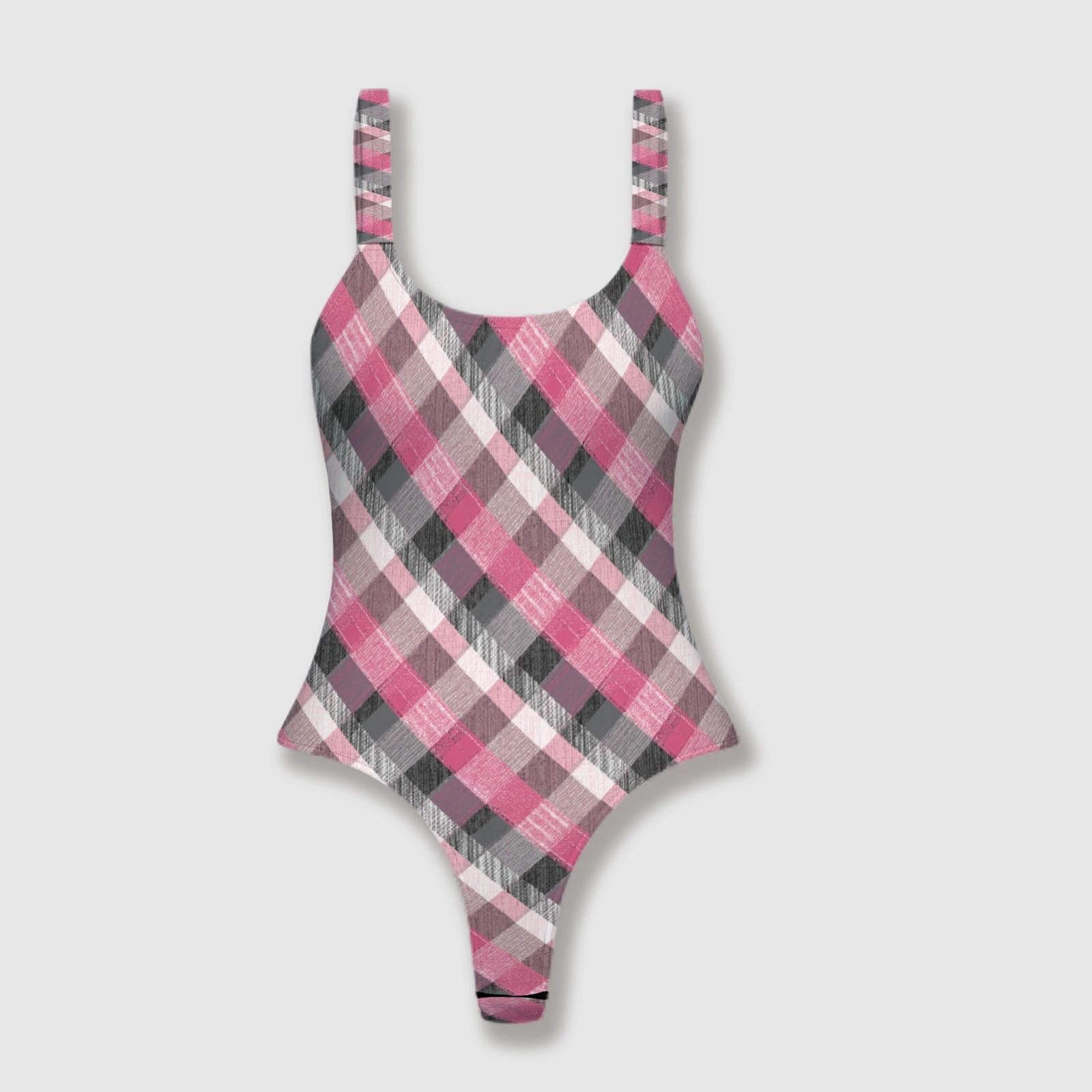Pink Plaid Tartan One Piece Thong Bodysuit for Women Beach Wear