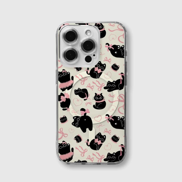 Black Cat Pink Bow MagSafe iPhone 15/16/17 Case for Cat Lovers