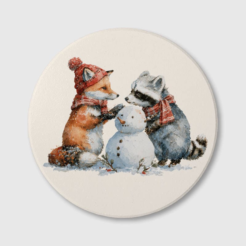 Watercolor Fox Raccoon Ceramic Coaster for Animal Lovers Christmas Gift