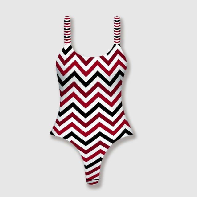 Red Black Chevron One-Piece Thong Swimsuit for Women Beach