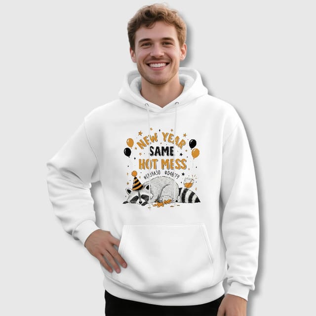 Funny Raccoon New Year Hot Mess Hoodie for Men