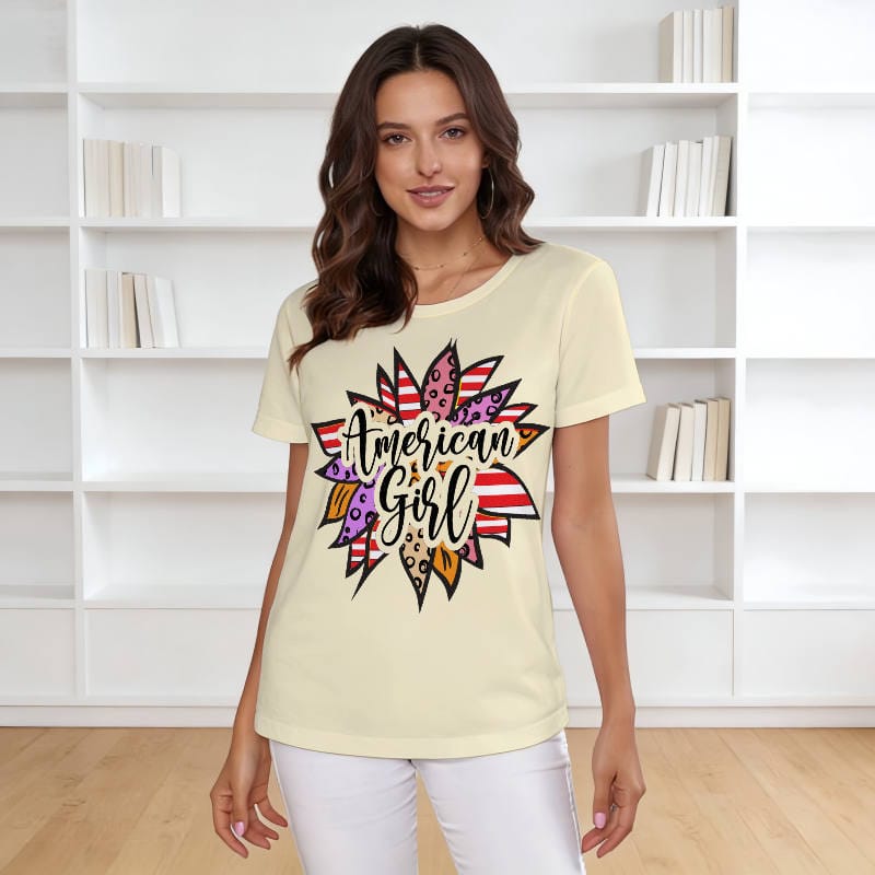 American Girl Floral T-Shirt for Women Patriotic Holiday Gift
