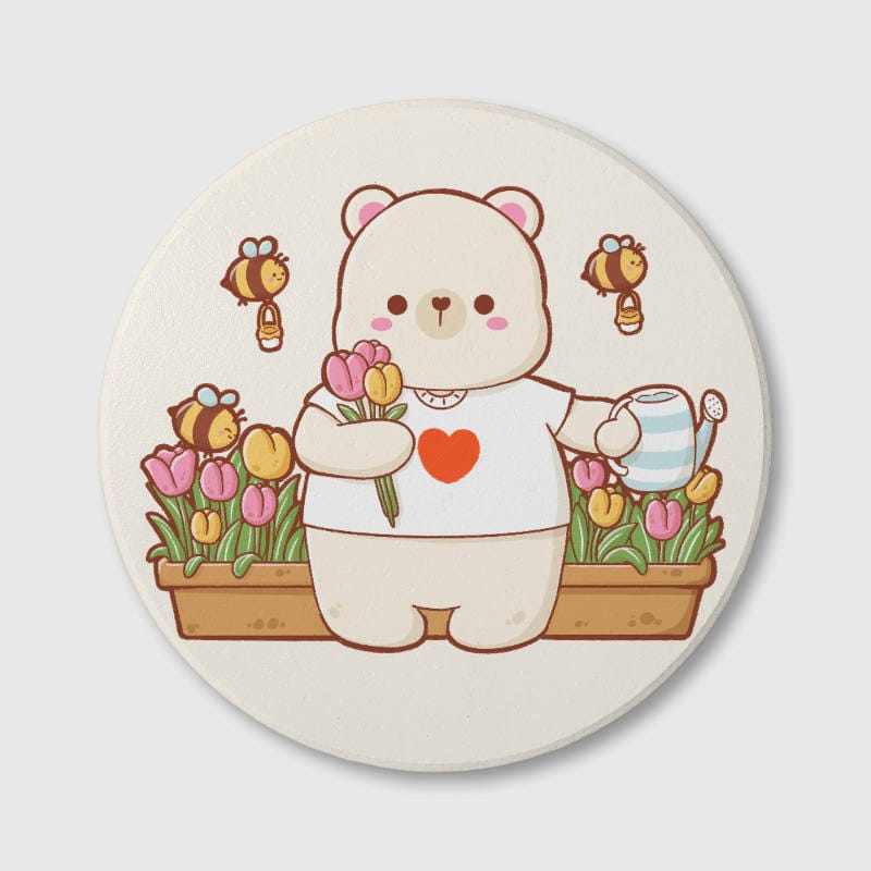 Cute Gardening Bear Ceramic Coaster Bear Lovers Gift