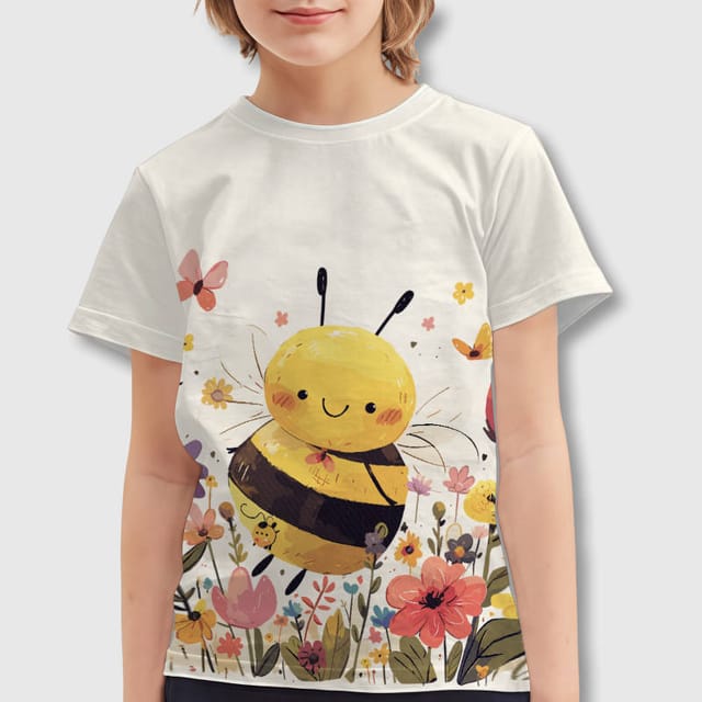 Cute Floral Bee Kids Short Sleeve Tee for Summer Daily Use