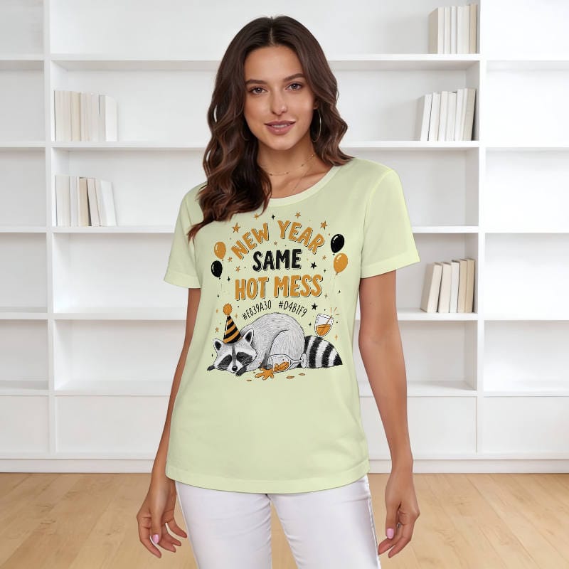 Funny New Year Raccoon Graphic T-Shirt for Women Casual Wear