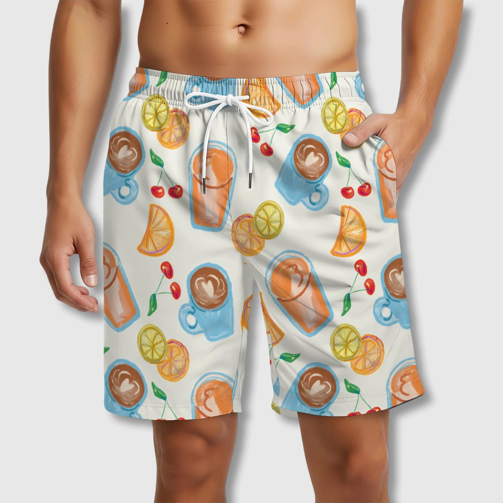 Handdrawn Coffee Citrus Print Beach Shorts for Men Summer Wear
