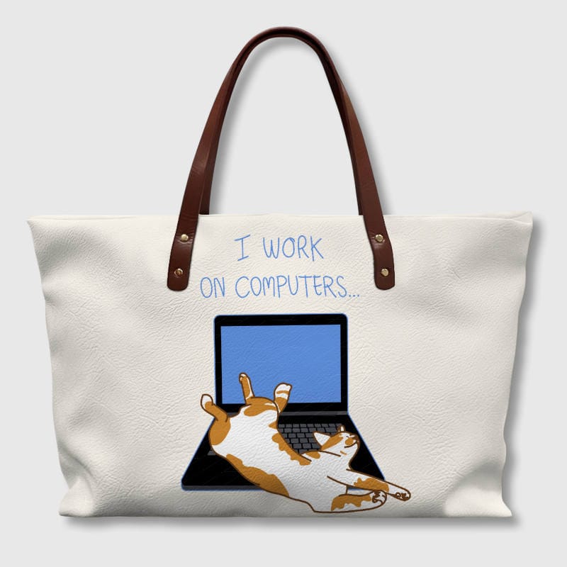 Funny Cat Quote PU Leather Tote Bag for Pet Lovers Gift